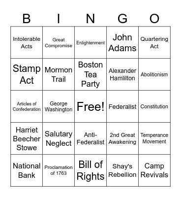 8th Grade US History STAAR Review Bingo Card