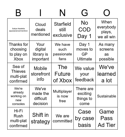 Xbox Business Update Event Bingo Card