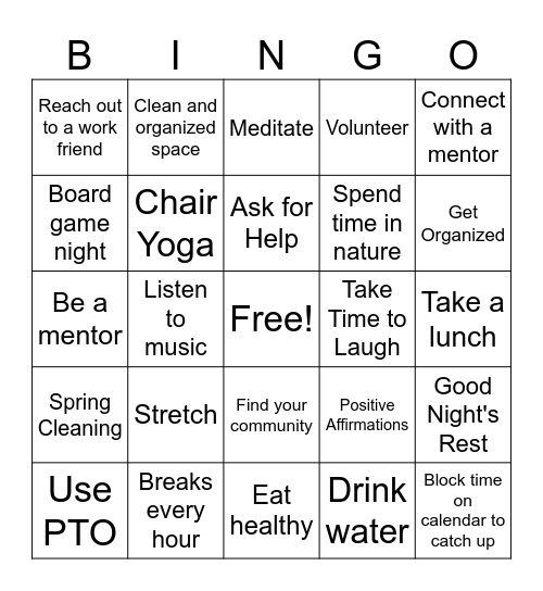 Self-Care BINGO Card