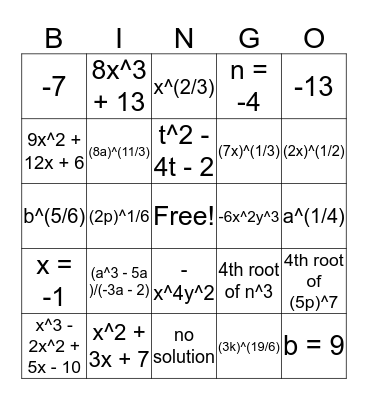 Radicals and Rational Functions Bingo Card