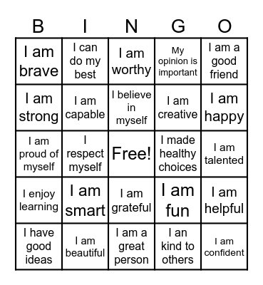 Positive Affirmations Bingo Card