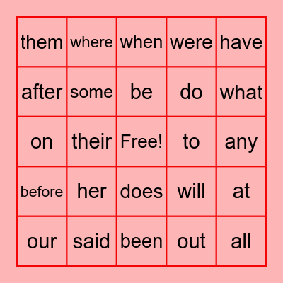 Heart Word BINGO- Gr. 1 Bingo Card