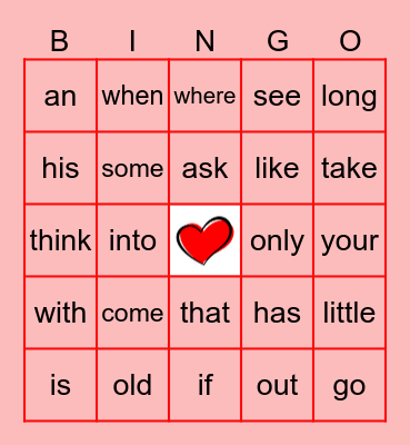 Heart Word BINGO- Gr. 1 Bingo Card