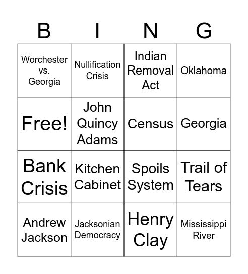 Andrew Jackson and Westward Expansion Bingo Card