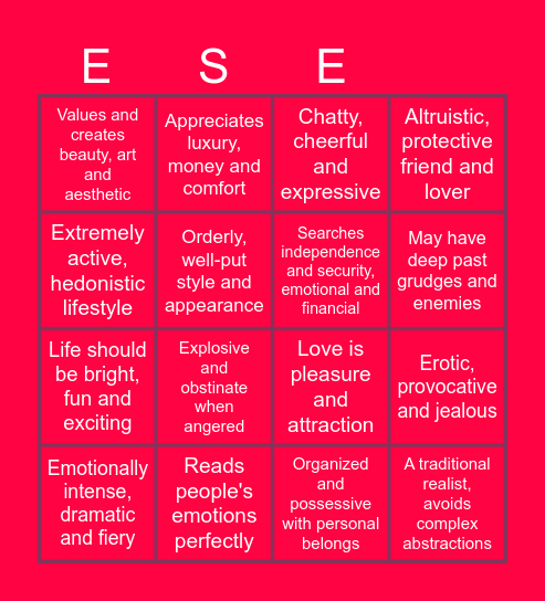 Ethical-Sensory Extravert Bingo Card