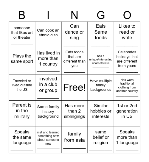 Culture BINGO Card