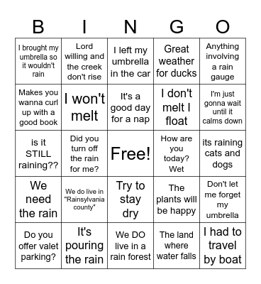 Rainy Day Bingo Card