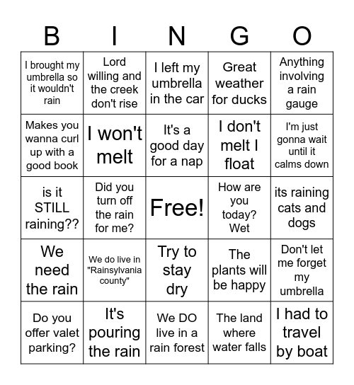 Rainy Day Bingo Card