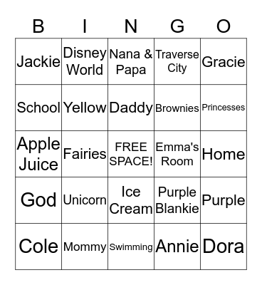 Emma's Favorite Things Bingo Card