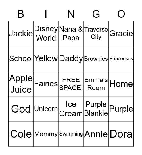 Emma's Favorite Things Bingo Card