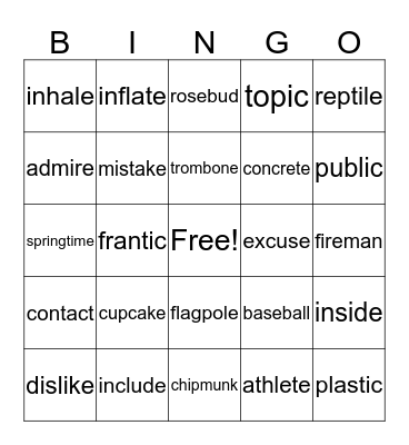 2 syllables Bingo Card