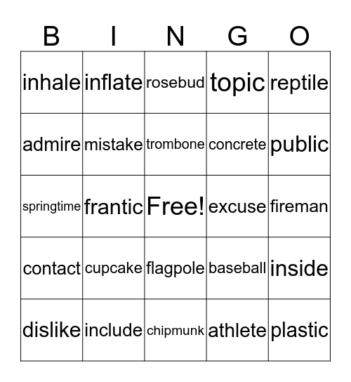 2 syllables Bingo Card