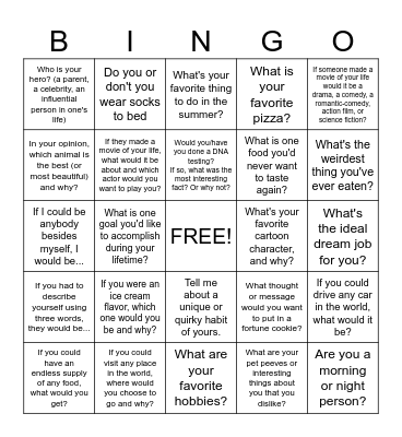 Getting To Know You Bingo Card