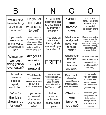 Getting To Know You Bingo Card