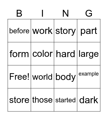 High Frequency Word Bingo Card