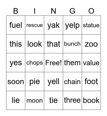 Read (sounds ie, oo, y, th, ch, ue) Bingo Card