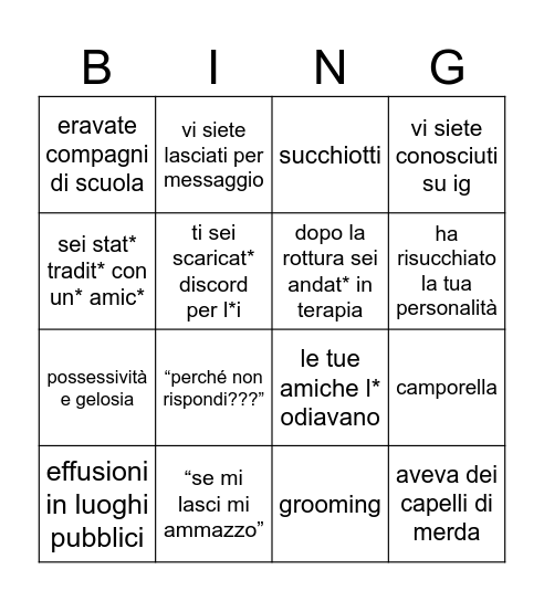 Relazioni adolescenziali bingo! Bingo Card