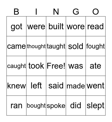 Past Tense Irregular Verbs Bingo Card
