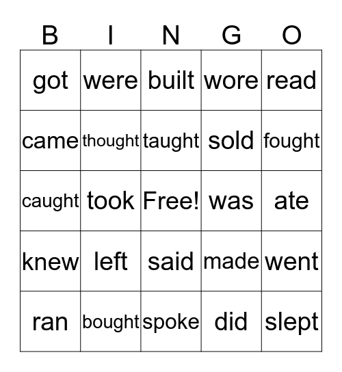 Past Tense Irregular Verbs Bingo Card