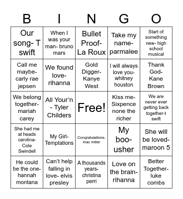 Valentine's Day Love Song Bingo Card
