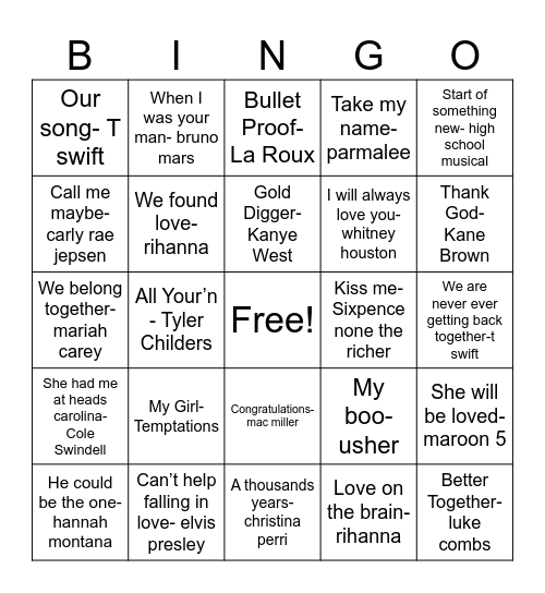 Valentine's Day Love Song Bingo Card