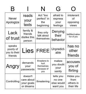 Relationship Red Flags Bingo CSH Bingo Card