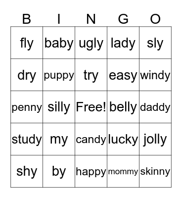 Words that end in "y" Bingo Card