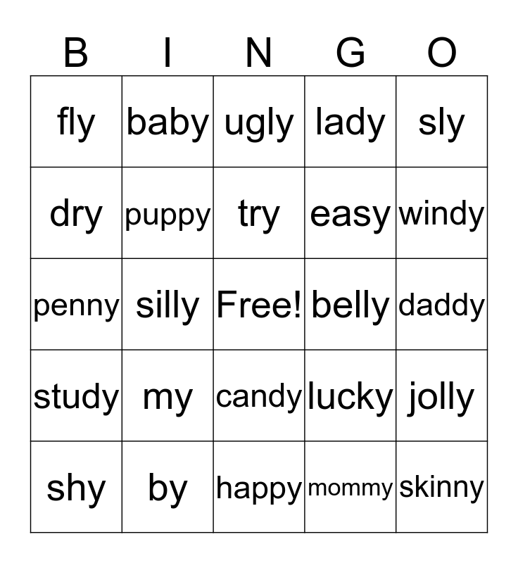 Words That End In y Bingo Card