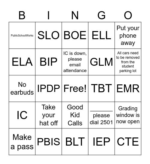 Things you hear around MHS Bingo Card