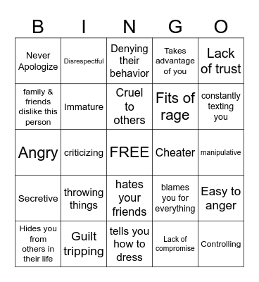 Relationship Red Flags Bingo CSH Bingo Card