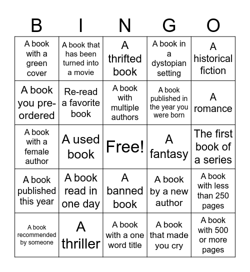 Reading Bingo Card