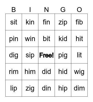 CVC Short i Bingo Card