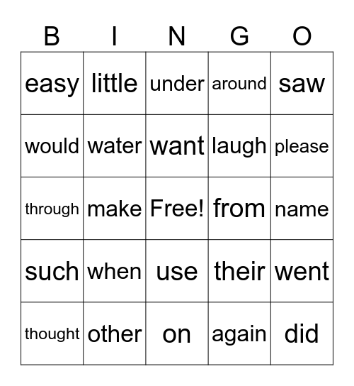 High Frequency Words Bingo Card