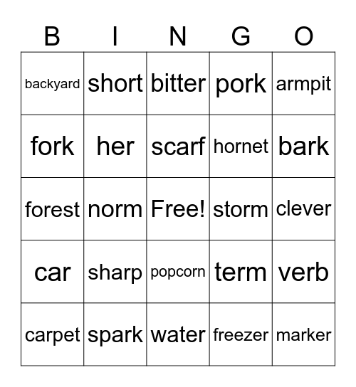 AR/ER/OR Words Bingo Card