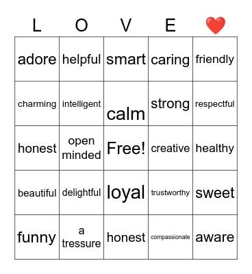 Valentines day BINGO Card