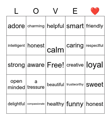 Valentines day BINGO Card