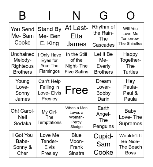 Singo- Love Songs Bingo Card