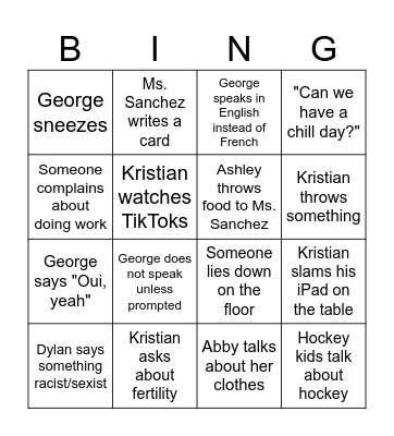 French Class Bingo Card