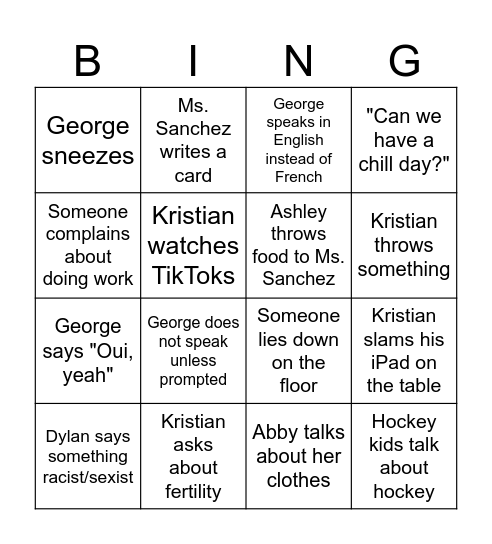 French Class Bingo Card