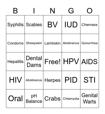 Sexual Health Bingo Card