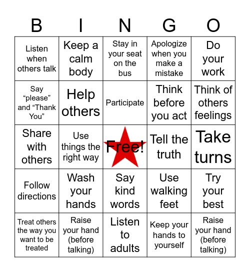 Safe Responsible Respectful Bingo Card