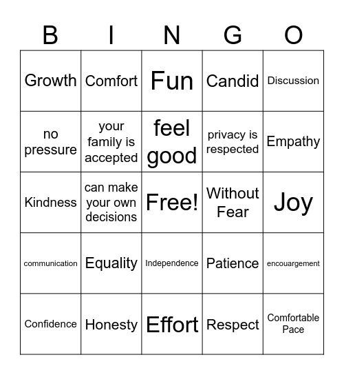 Healthy Relationships CSH Bingo Card