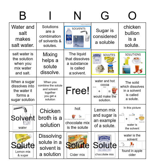 Solvent Solute and Solution Bingo Card