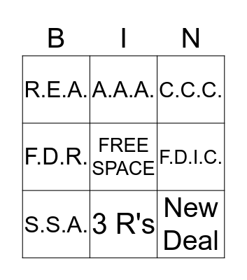 New Deal Programs Bingo Card