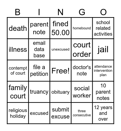 ATTENDANCE Bingo Card