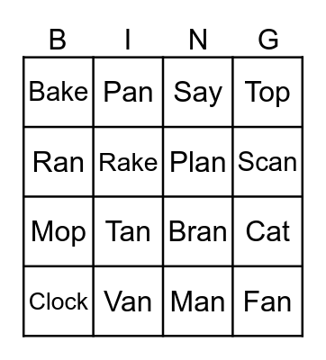 Word Family Bingo Card