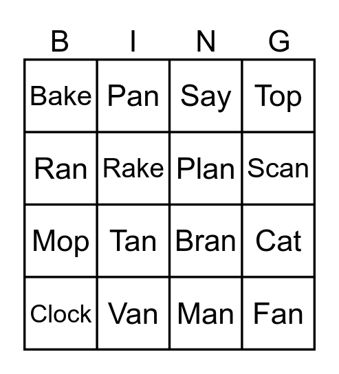 Word Family Bingo Card