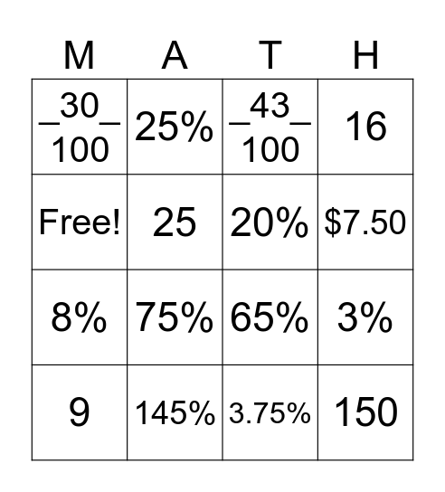 Percent Review Bingo Card