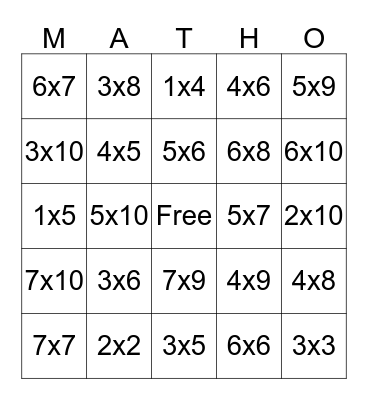 Multiplication Bingo Card