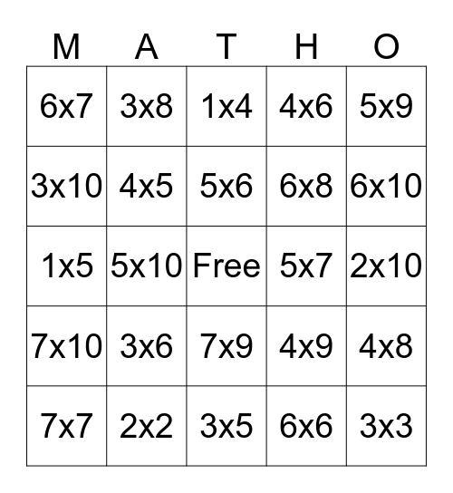 Multiplication Bingo Card